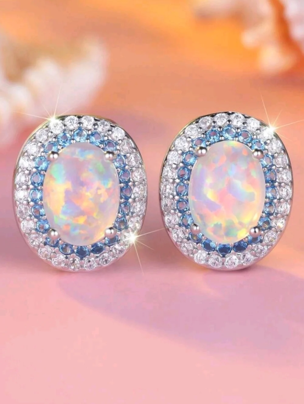 Dainty Opal Halo Iridescent Stud Earrings Iridescent Opal & Blue Clear Accents